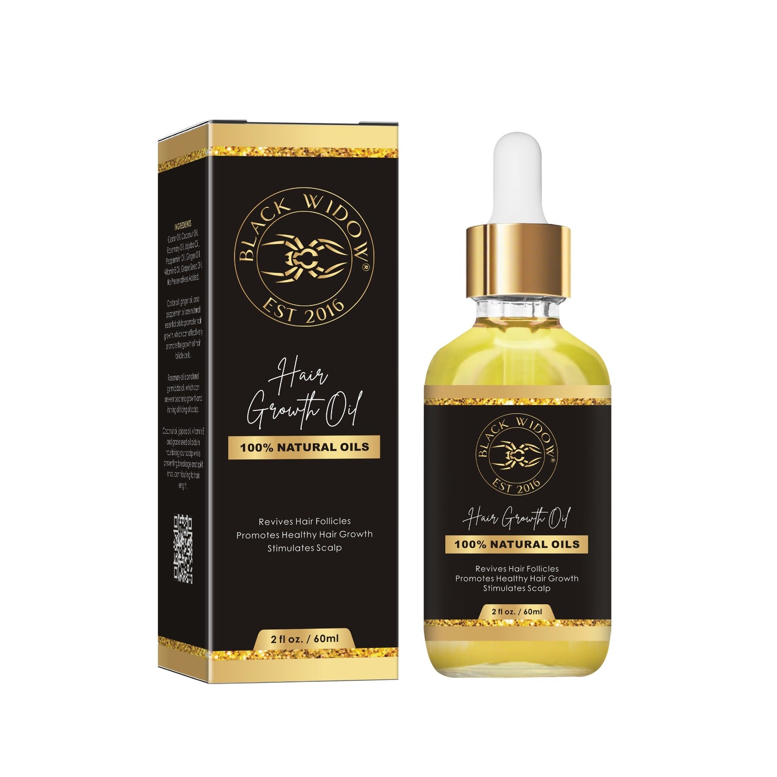 Black Widow hair growth oil. 100% Natural Formula – Crafted with a powerful blend of botanical oils, vitamins & antioxidants to nourish follicles without parabens, sulfates, mineral oil, petrolatum, formaldehyde, or fillers.
