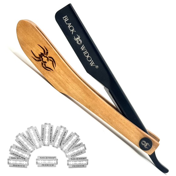 A straight edge barber razor with a wooden handle and a black blade, alongside a set of 10 individually wrapped double-edge razor blades. 