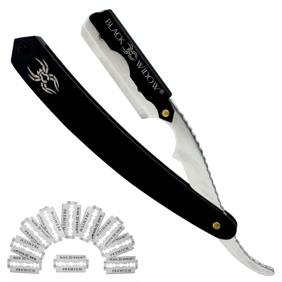 A straight blade razor with black handle and silver blade, accompanied by additional blade caps. The handle features the Black Widow logo.