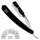 A straight blade razor with black handle and silver blade, accompanied by additional blade caps. The handle features the Black Widow logo.