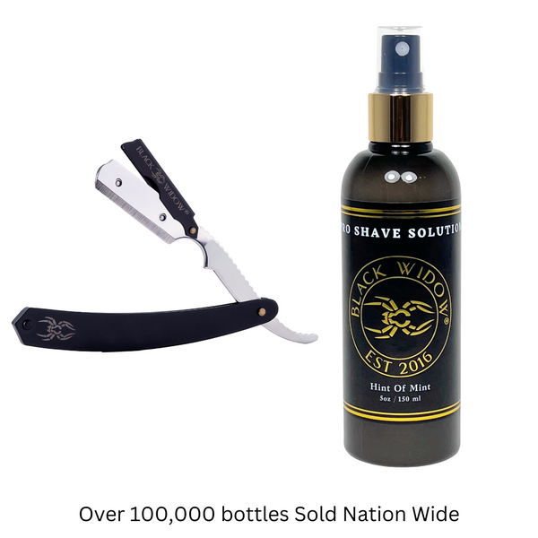 A straight blade razor with black handle and silver blade, accompanied by additional blade caps. The handle features the Black Widow logo.