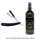 A straight blade razor with black handle and silver blade, accompanied by additional blade caps. The handle features the Black Widow logo.