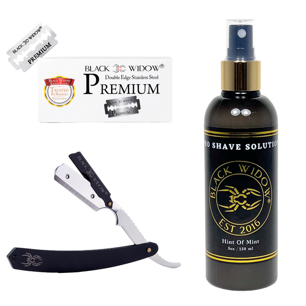 A straight blade razor with black handle and silver blade, accompanied by additional blade caps. The handle features the Black Widow logo.