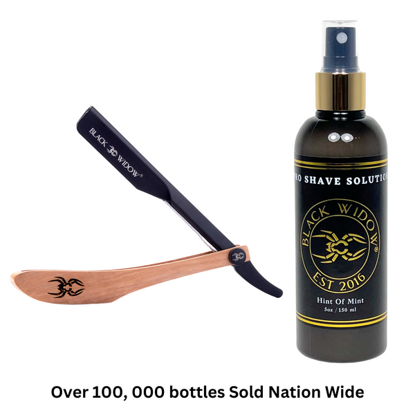 A straight edge barber razor with a wooden handle and a black blade, alongside a set of 10 individually wrapped double-edge razor blades. Black Widow Razors