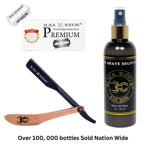 A straight edge barber razor with a wooden handle and a black blade, alongside a set of 10 individually wrapped double-edge razor blades. Black Widow Razors