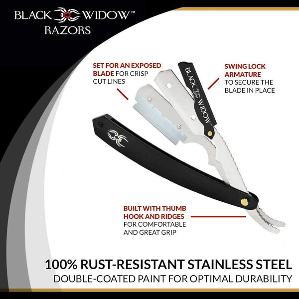 A straight blade razor with black handle and silver blade, accompanied by additional blade caps. The handle features the Black Widow logo.