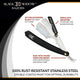 A straight blade razor with black handle and silver blade, accompanied by additional blade caps. The handle features the Black Widow logo.