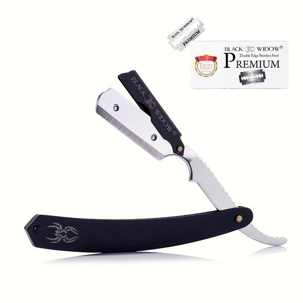 A straight blade razor with black handle and silver blade, accompanied by additional blade caps. The handle features the Black Widow logo.