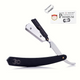 A straight blade razor with black handle and silver blade, accompanied by additional blade caps. The handle features the Black Widow logo.