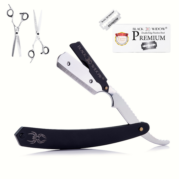 A straight blade razor with black handle and silver blade, accompanied by additional blade caps. The handle features the Black Widow logo.