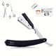 A straight blade razor with black handle and silver blade, accompanied by additional blade caps. The handle features the Black Widow logo.