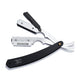 A straight blade razor with black handle and silver blade, accompanied by additional blade caps. The handle features the Black Widow logo.