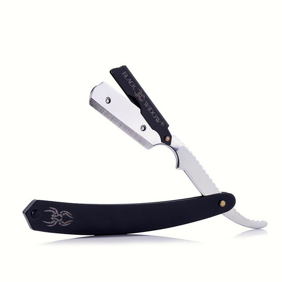 A straight blade razor with black handle and silver blade, accompanied by additional blade caps. The handle features the Black Widow logo.