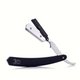 A straight blade razor with black handle and silver blade, accompanied by additional blade caps. The handle features the Black Widow logo.
