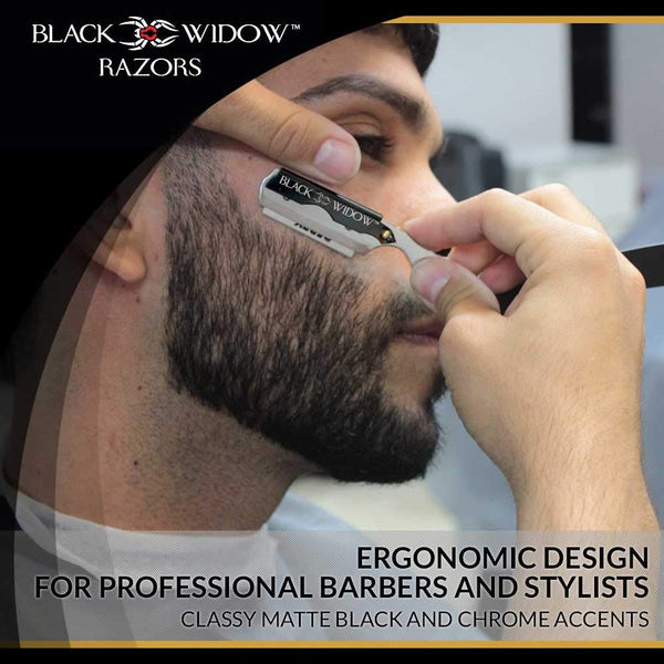 A straight blade razor with black handle and silver blade, accompanied by additional blade caps. The handle features the Black Widow logo.