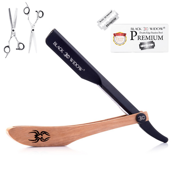 A straight edge barber razor with a wooden handle and a black blade, alongside a set of 10 individually wrapped double-edge razor blades. Also, comes with a Hair Cutting Shear set. Black Widow Razors