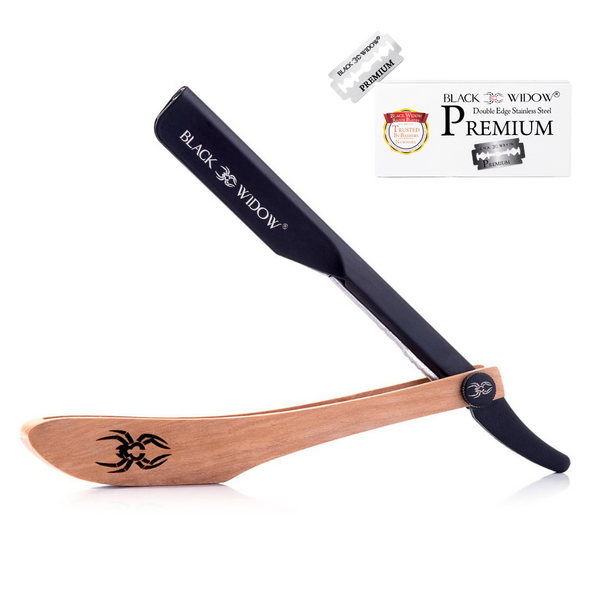 A straight edge barber razor with a wooden handle and a black blade, alongside a set of 10 individually wrapped double-edge razor blades. Black Widow Razors